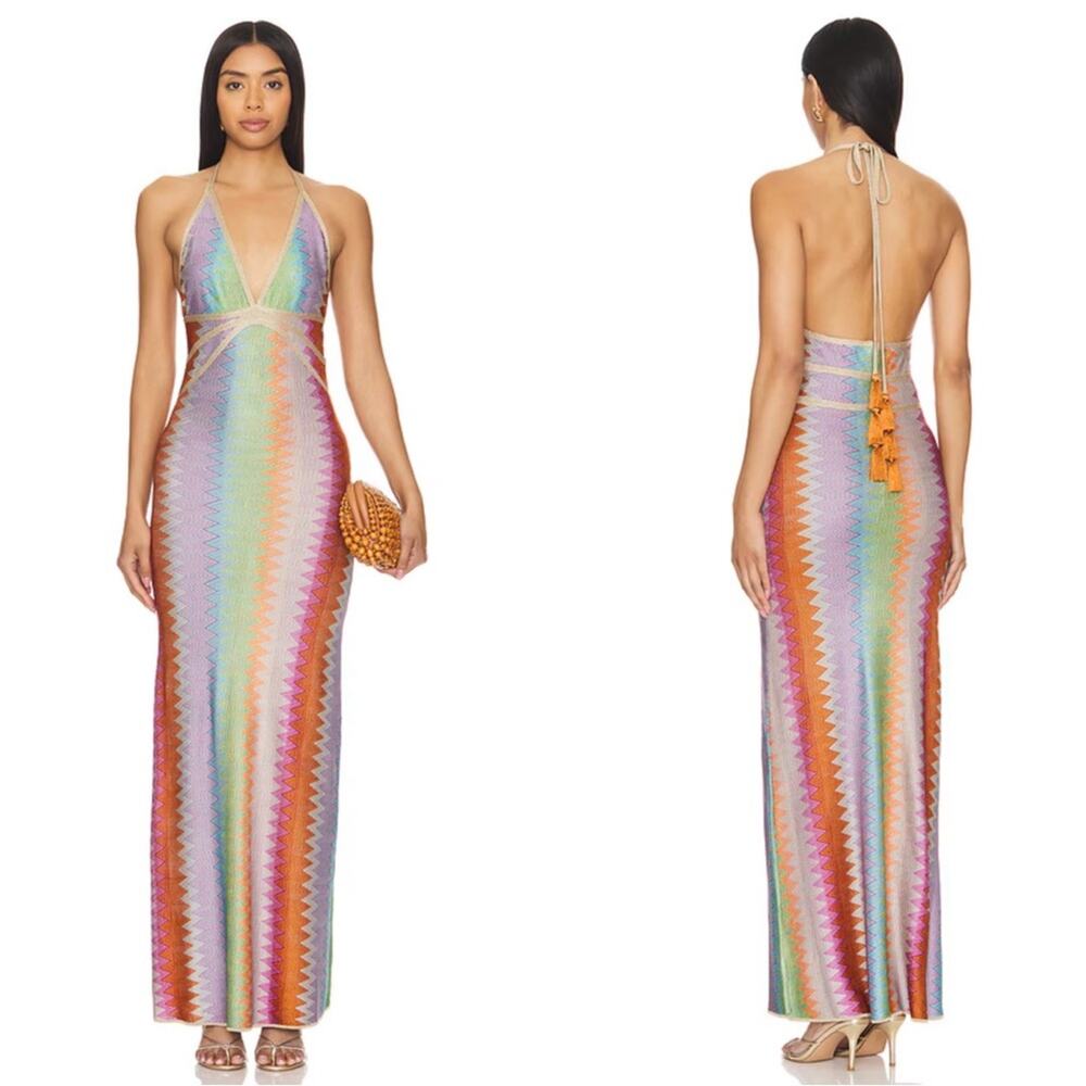 ALEXIS Enna Halterneck Crochet Multicolor Missoni Pattern Maxi Dress Size M